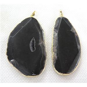 black agate slice pendant, faceted freeform, gold plated, approx 25-70mm