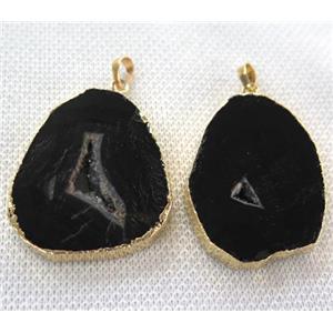 black agate slice pendant with geode, flat freeform, gold plated, approx 20-35mm