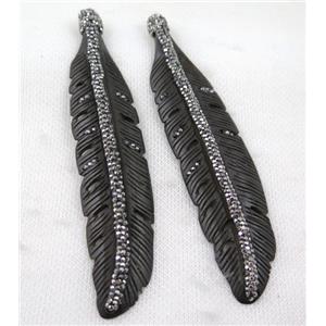 bone feather pendant paved rhinestone, black, approx 25-120mm