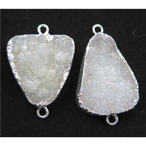 Fluorite druzy connector, white, freeform, silver plated, approx 15-35mm