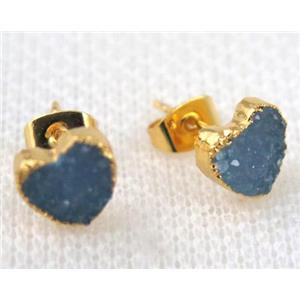 blue agate druzy heart earring stud, copper, gold plated, approx 8mm
