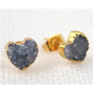 agate druzy heart earring stud, natural color, copper, gold plated, approx 8mm