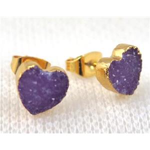purple agate druzy heart earring stud, copper, gold plated, approx 8mm