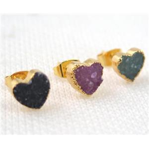 agate druzy heart earring stud, mix color, copper, gold plated, approx 8mm