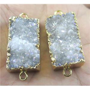 quartz druzy connector, white AB-color, rectangle, gold plated, approx 17-30mm