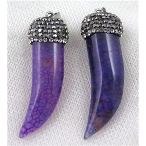 agate horn pendant pave rhinestone, purple, approx 12-45mm