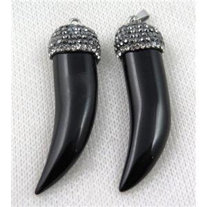 agate horn pendant pave rhinestone, black, approx 12-45mm