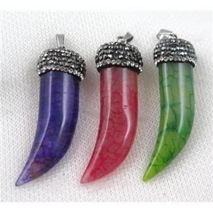 agate horn pendant pave rhinestone, mix color, approx 12-45mm