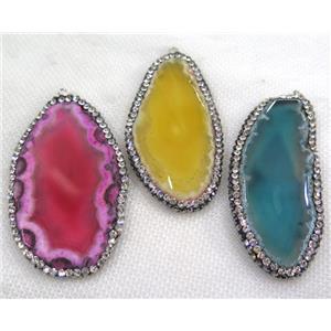 agate slice pendant pave rhinestone, mix color, approx 20-50mm