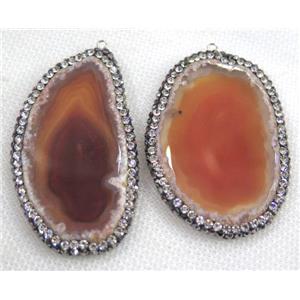 agate slice pendant pave rhinestone, red, approx 20-50mm