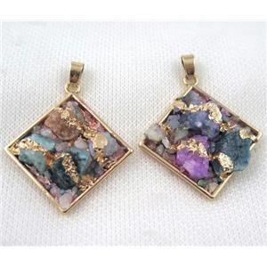 Fluorite pendant, square, copper, gold plated, approx 27-38mm