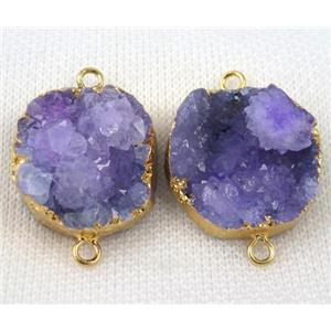 purple druzy agate connector, flat-round, gold plated, approx 25-30mm