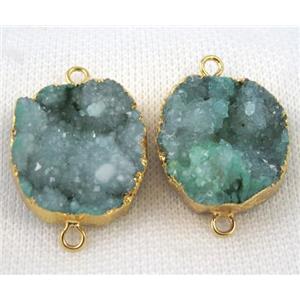 green druzy agate connector, flat-round, gold plated, approx 25-30mm