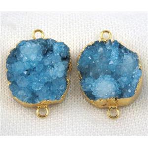 blue druzy agate connector, flat-round, gold plated, approx 25-30mm
