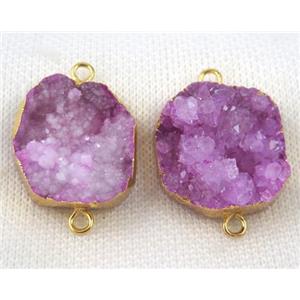hotpink druzy agate connector, flat-round, gold plated, approx 25-30mm