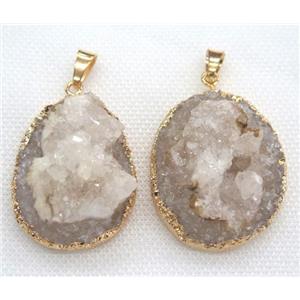 agate druzy pendant, white, freeform, gold plated, approx 20-40mm