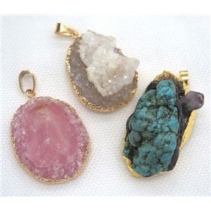 mix gemstone pendant, freeform, gold plated, approx 20-40mm