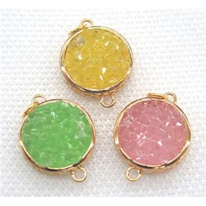 resin druzy connector, mix color, flat-round, gold plated, approx 16mm dia