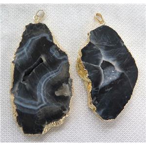 black agate slice pendant with geode, freeform, gold plated, approx 20-70mm