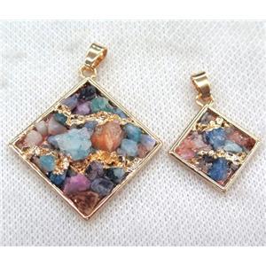 colorful tourmaline pendant, square, copper, gold plated, approx 30x30mm