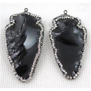 hammered black Obsidian penant paved rhinestone, arrowhead, approx 20-50mm