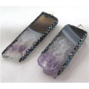 Amethyst rectangle pendant paved abalone shell foil, rhinestone, approx 20-60mm