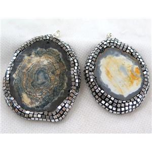 dragon veins agate slice pendant paved silver foil, rhinestone, mix color, approx 40-70mm