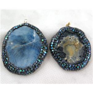 dragon veins agate slice pendant paved abalone shell foil, rhinestone, mix color, approx 40-70mm