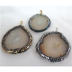 gray agate geode pendant paved foil, rhinestone, freeform slice, approx 25-50mm