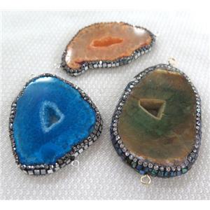 geode agate connector paved foil, rhinestone, mix color, freeform slice, approx 20-50mm
