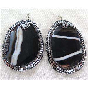 black agate pendant paved silver foil, rhinestone, freeform slice, approx 30-80mm
