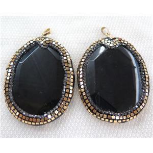 black agate pendant paved gold foil, rhinestone, faceted freeform slice, approx 30-80mm
