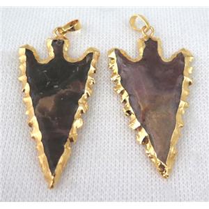 hammered Rock Agate arrowhead pendant, gold plated, approx 30-55mm