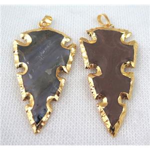 hammered Rock Agate pendant, arrowhead, gold plated, approx 30-60mm