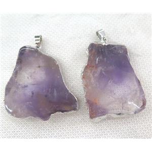 amethyst slice pendant, purple, point freeform, silver plated, approx 25-55mm