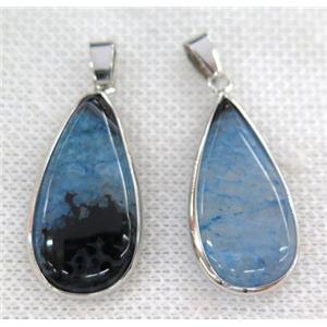 blue druzy agate pendant, teardrop, silver plated, approx 15-30mm