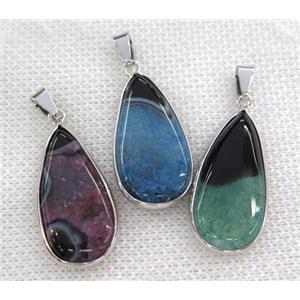 druzy agate pendant, mix color, teardrop, silver plated, approx 15-30mm