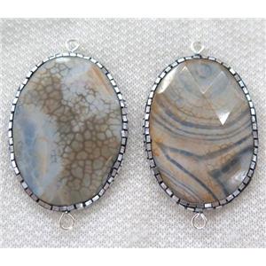 Dragon veins Agate connector pave silver foil, faceted oval, approx 38-50mm