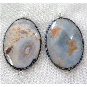 Dragon veins Agate connector pave abalone shell foil, faceted oval, approx 38-50mm