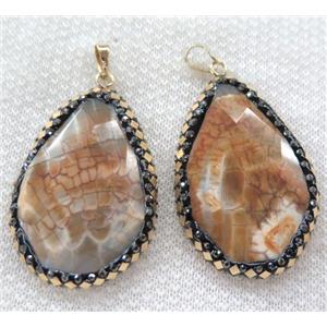Dragon veins Agate pendant pave gold foil, faceted teardrop, approx 30-48mm