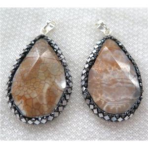 Dragon veins Agate pendant pave silver foil, faceted teardrop, approx 30-48mm
