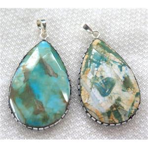 green Dragon veins Agate pendant pave silver foil, faceted teardrop, approx 30-48mm