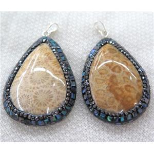 Coral Fossil Pendant Pave Abalone Shell Foil, teardrop, approx 30-50mm