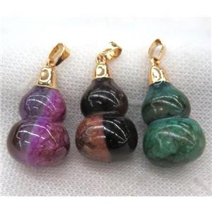 agate gourd pendant, mix color, gold plated, approx 20-33mm