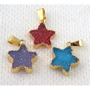 druzy agate star pendant, mix color, gold plated, approx 12-14mm