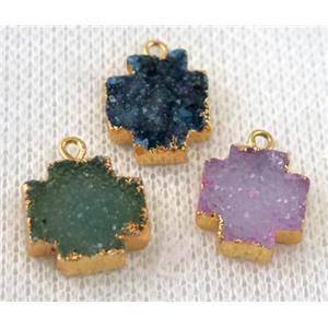 druzy agate cross pendant, mix color, gold plated, approx 12-14mm