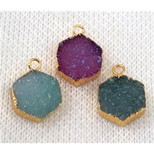druzy agate hexagon pendant, mix color, gold plated, approx 12-14mm