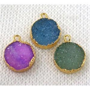 druzy agate pendant, mix color, flat-round, gold plated, approx 12-14mm