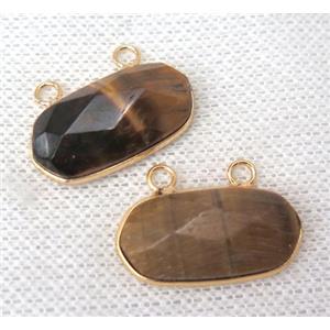 Tiger eye stone pendant with 2loops, yellow, faceted oval, gold plated, approx 13-25mm