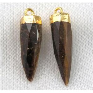 Tiger eye stone pendant, faceted bullet, gold plated, approx 8-28mm